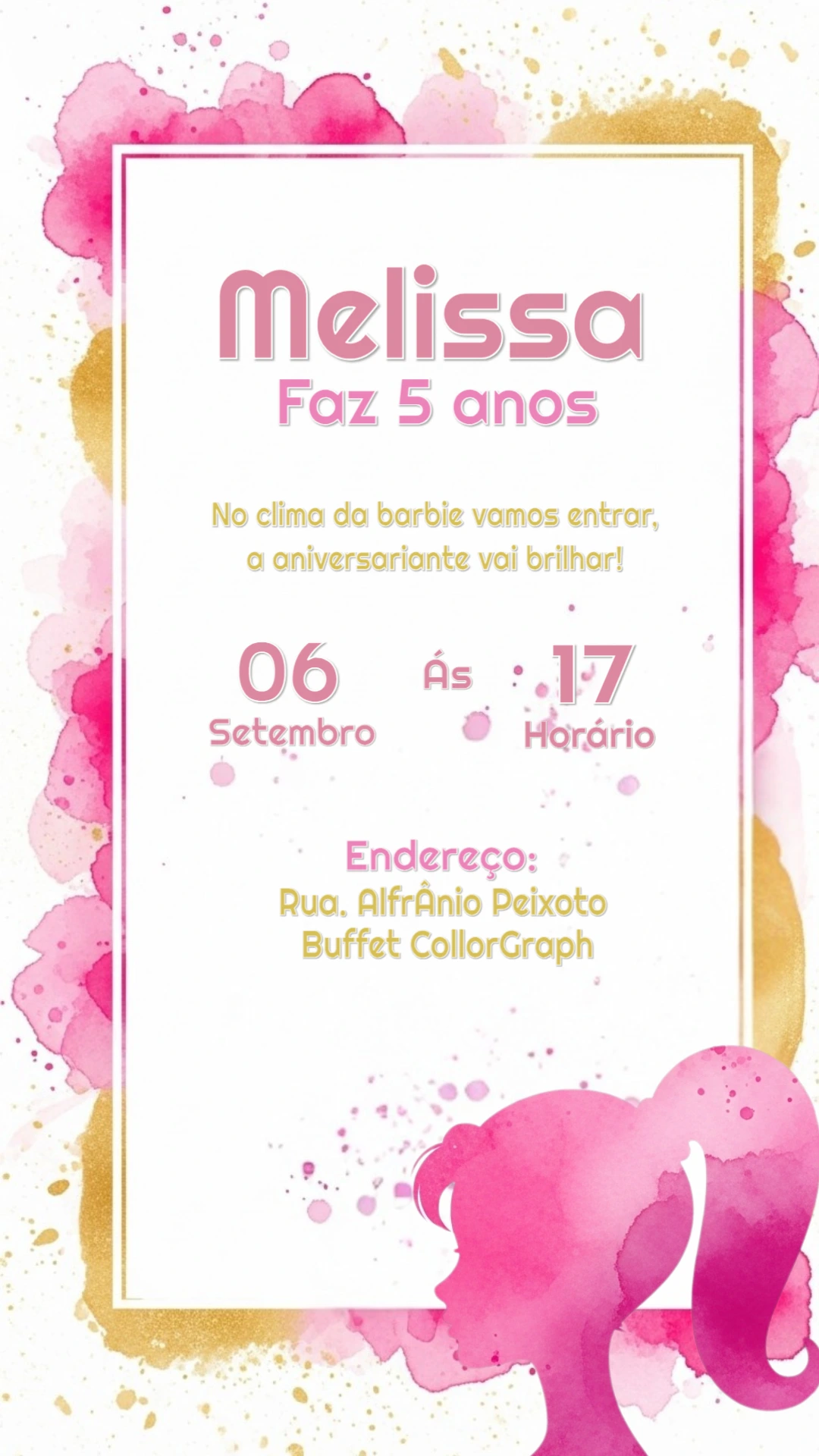 Convite de Aniversário Barbie Aquarela para Editar Online