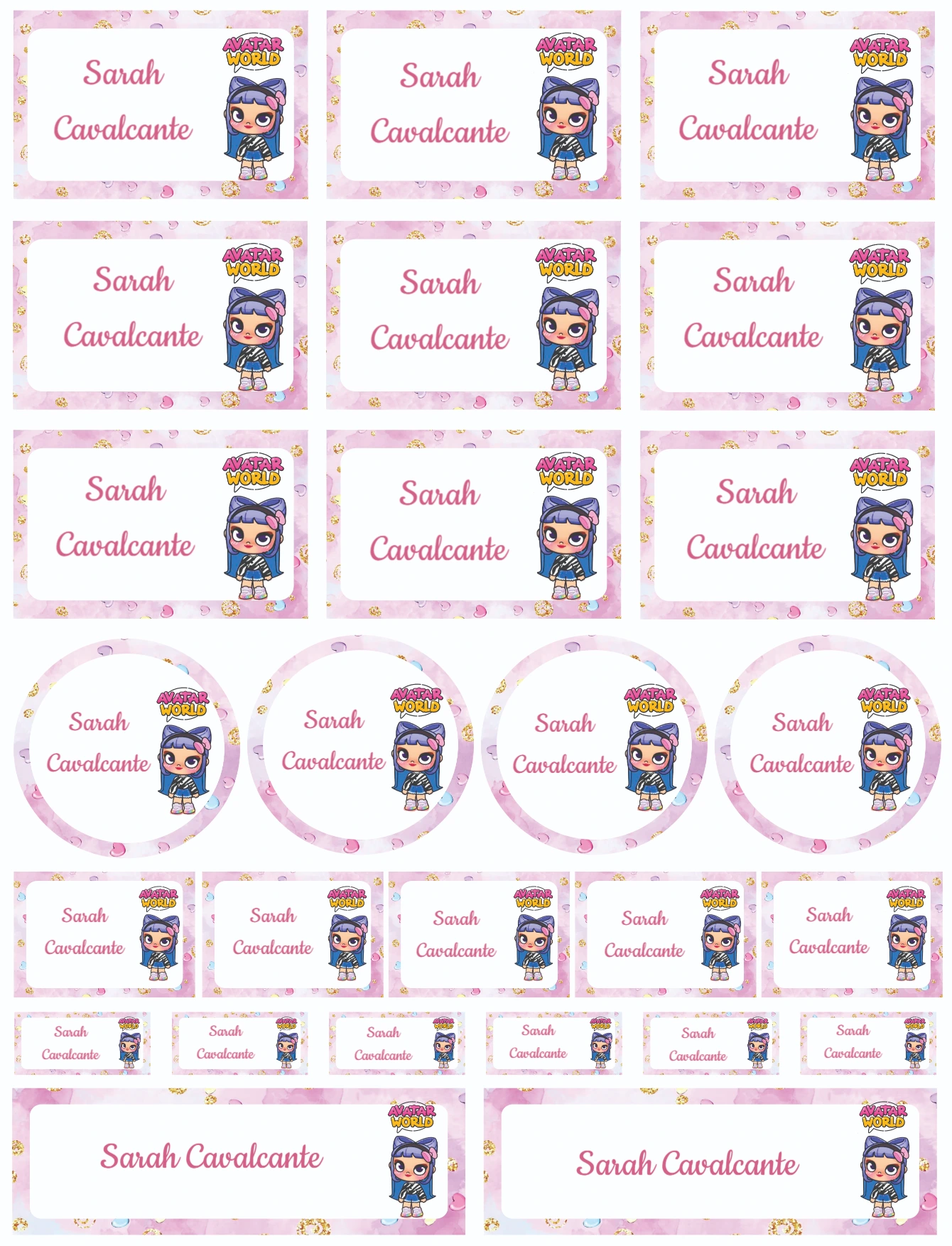Etiquetas Escolares Avatar World Rosa Modelo Editável para Imprimir