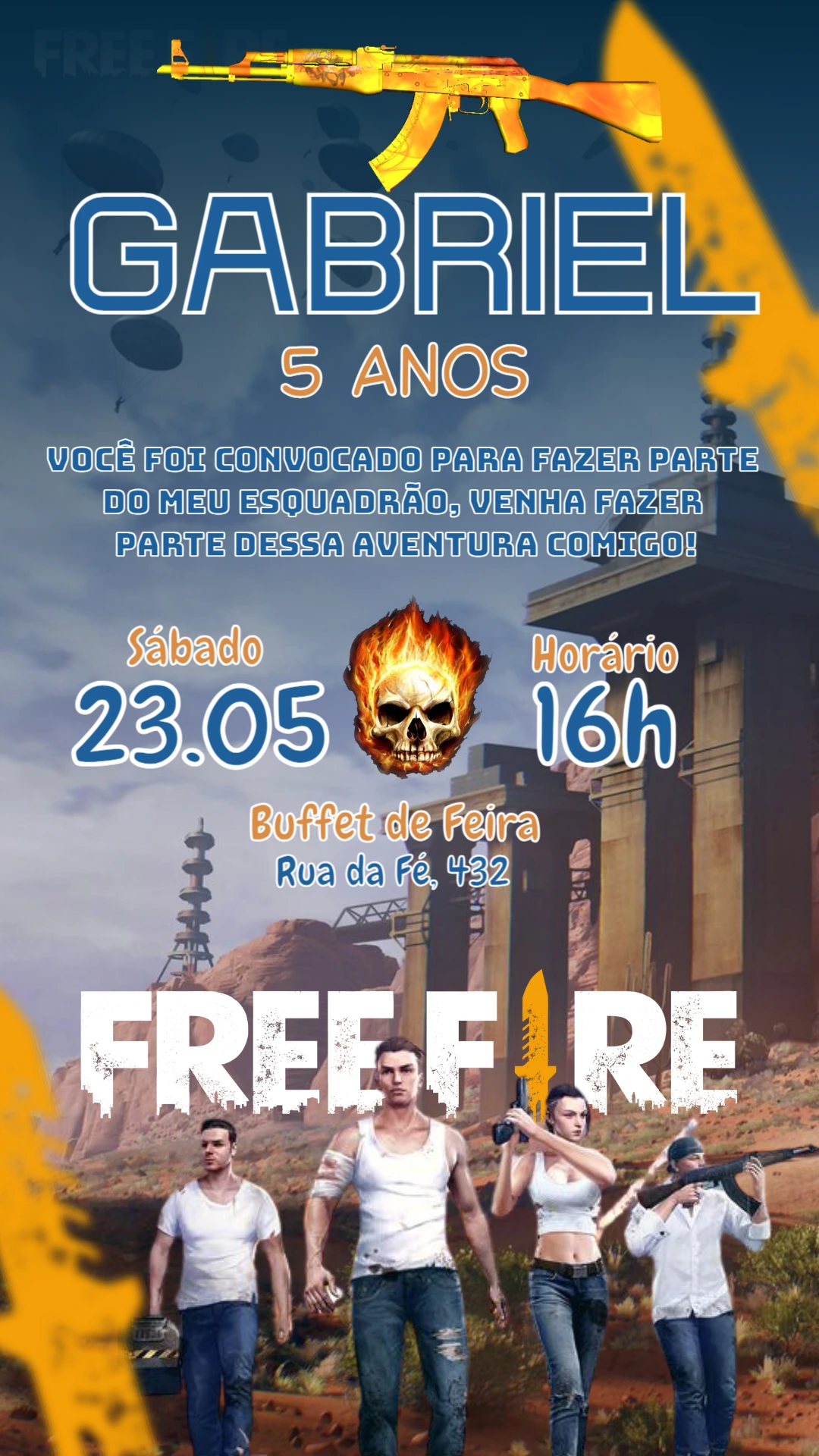 Convite de Aniversário Free Fire com Personagens para Editar