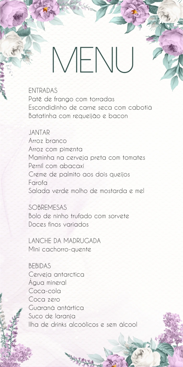 Menu de Casamento Floral Lilás para Editar Online