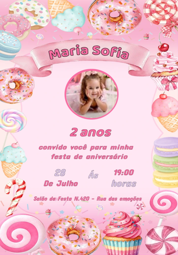 Convite de Aniversário Mundo Doce com Foto para Editar Online