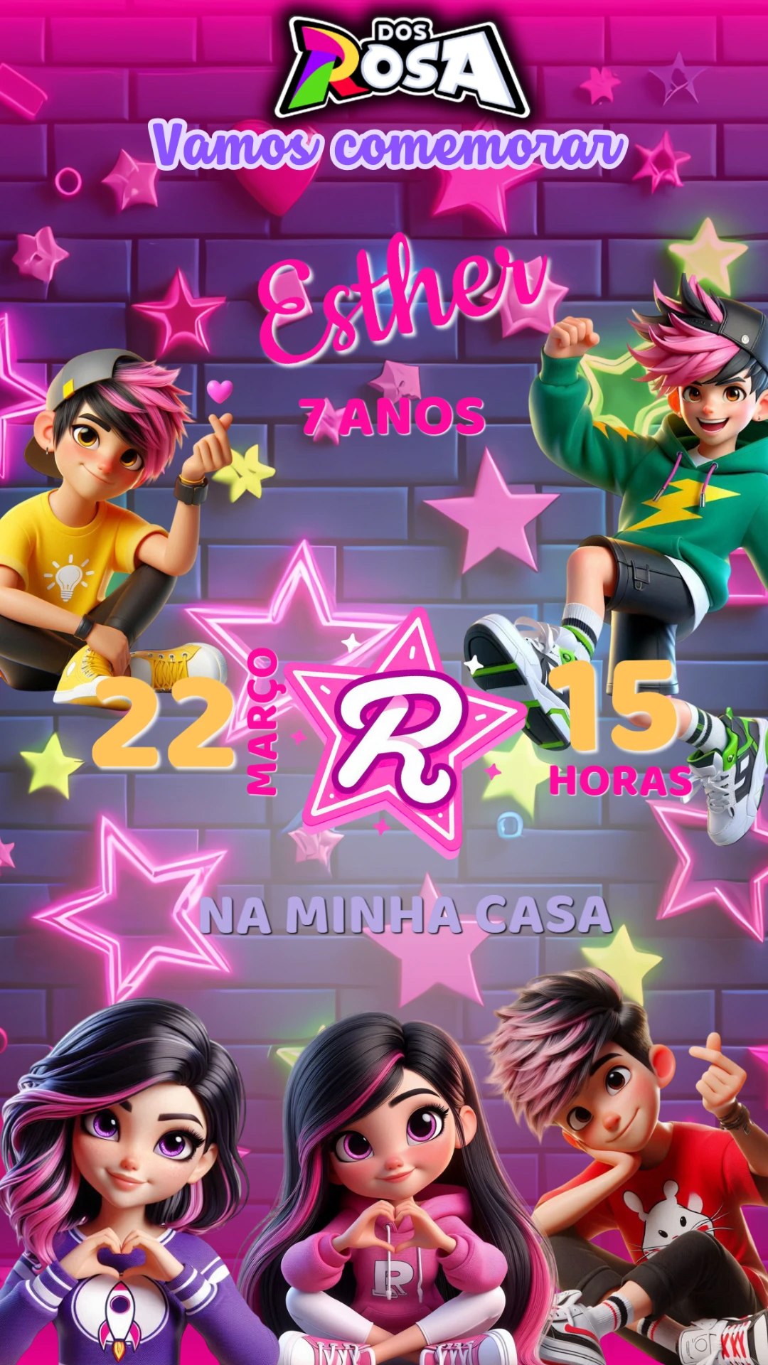 Convite Aniversário Dos Rosas com Personagens para Editar Online
