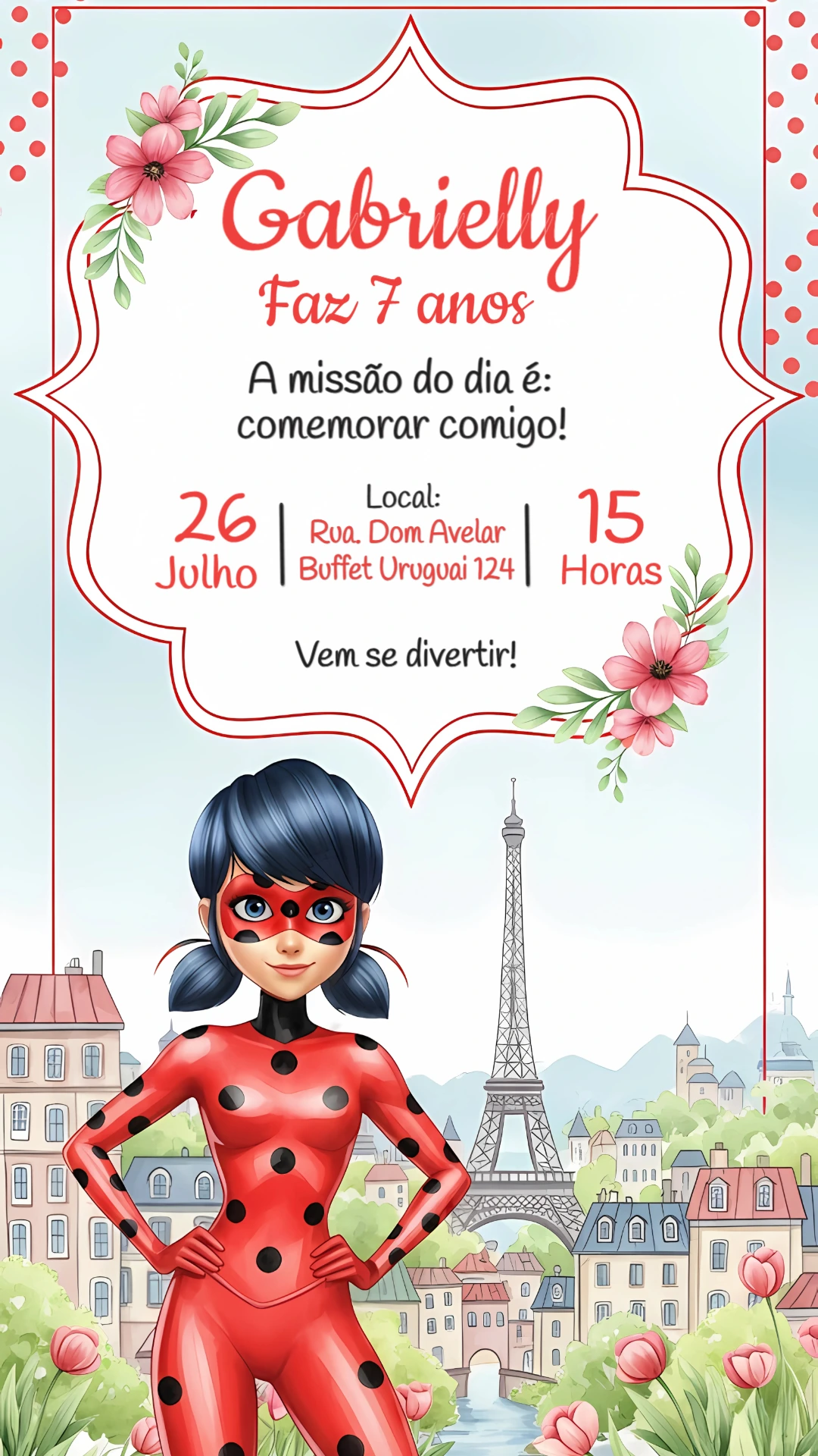 Convite Aniversário Ladybug Miraculous para Editar Online
