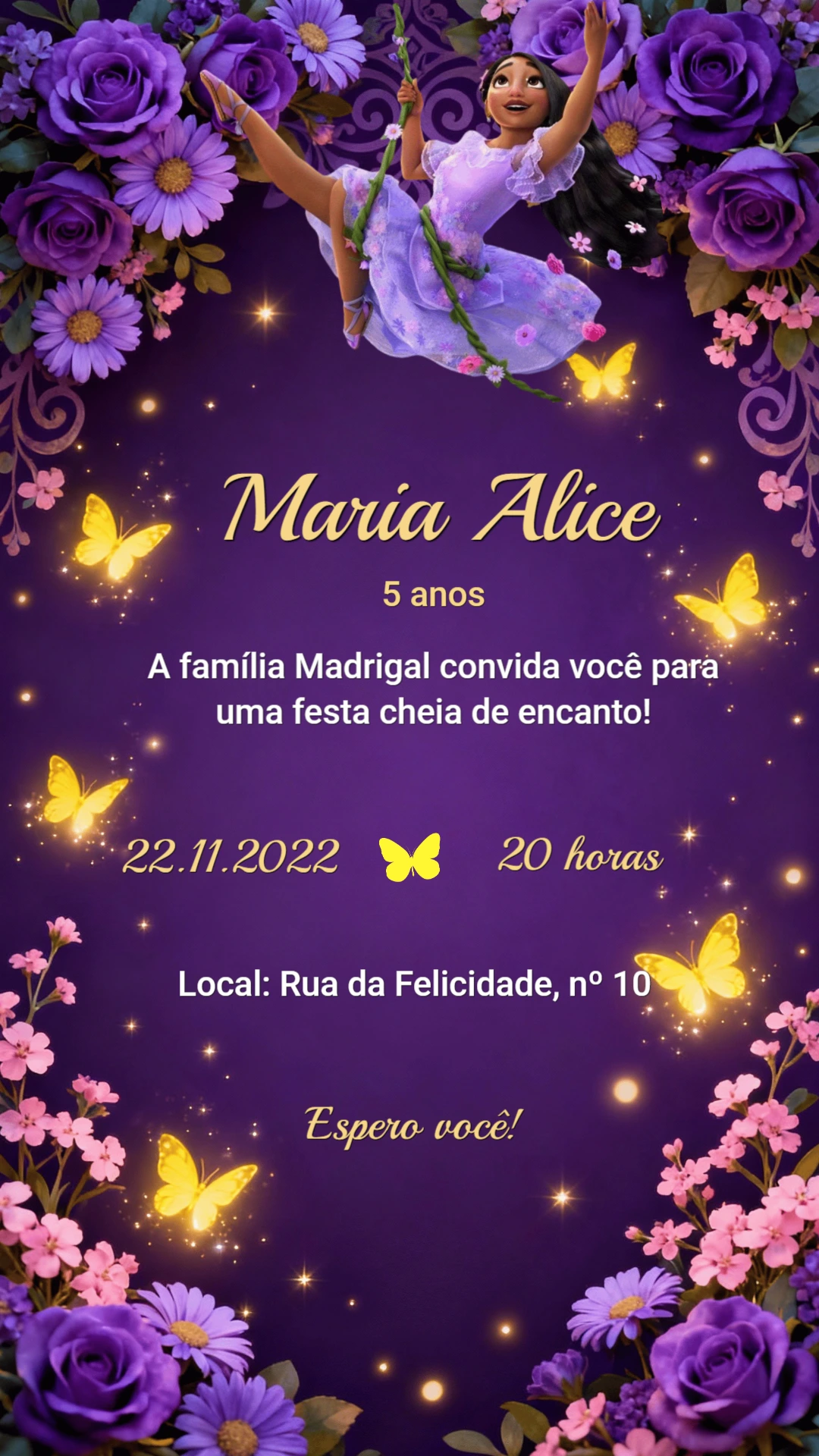 Convite Aniversário Isabela Encanto Roxo e Floral Editável - Editor ...