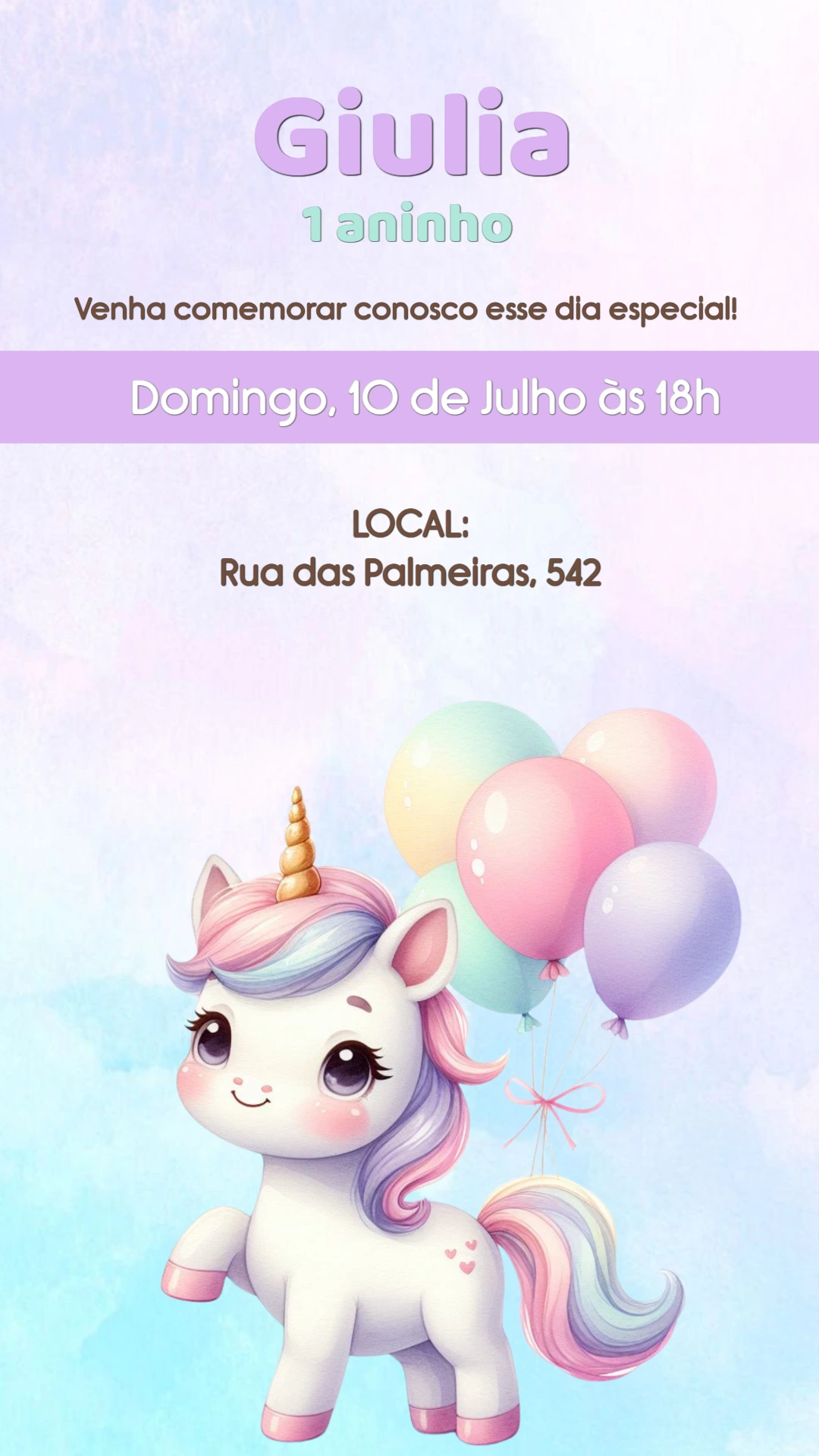 Convite de Aniversário Unicórnio Fofo em Tons Pastéis Editável