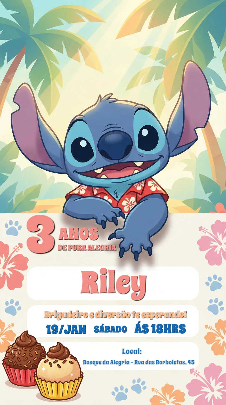 Convite de Aniversário Stitch Tropical para Editar Online