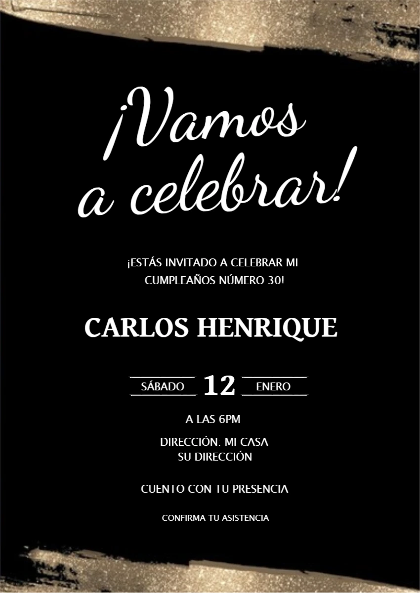 Invitación de Cumpleaños Elegante Negro y Dorado para Editar