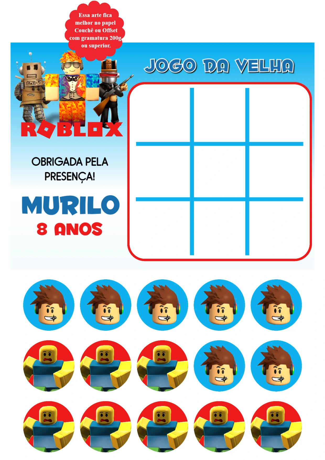 Jogo da Velha Roblox para Aniversário: Lembrancinha Editável