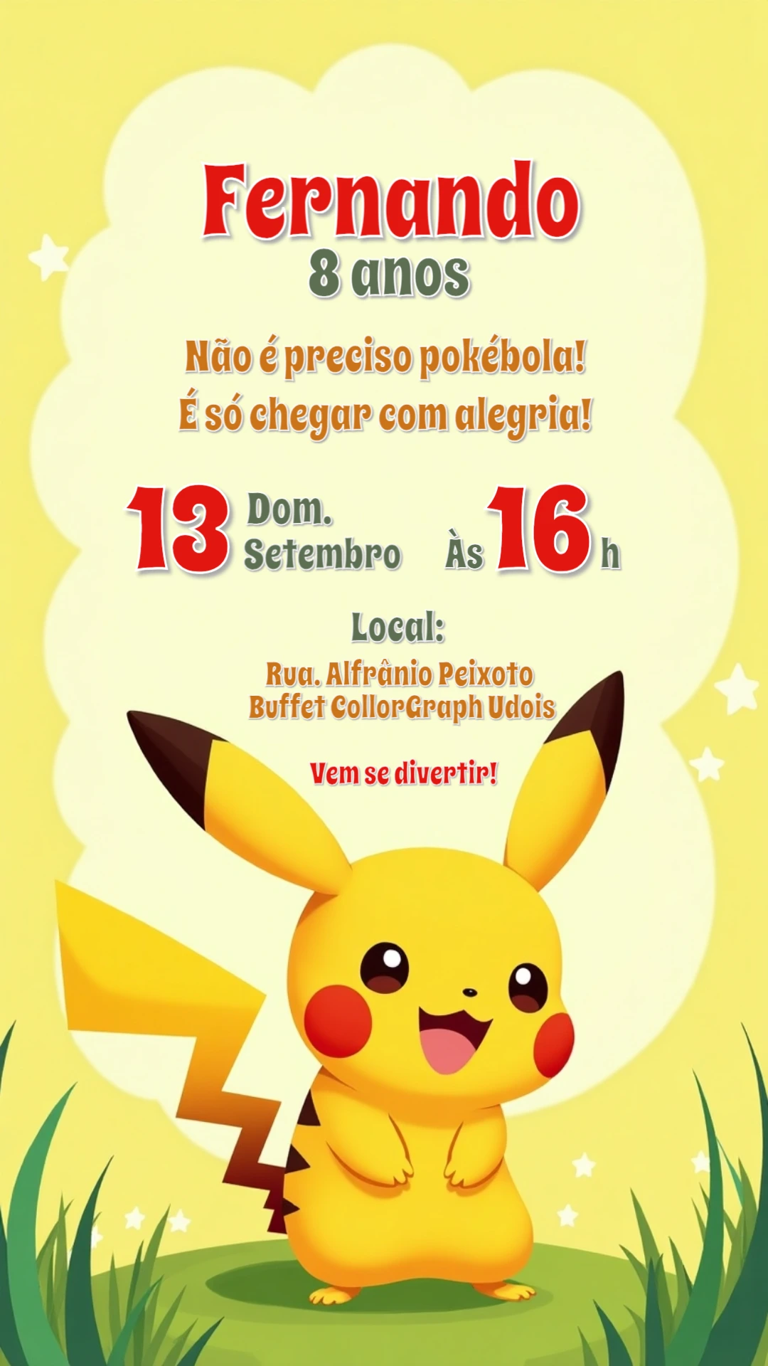 Convite de Aniversário Pokémon Pikachu para Editar Online