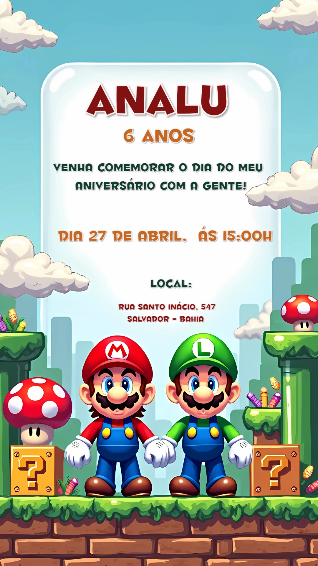 Convite de Aniversário Super Mario e Luigi Editável Online