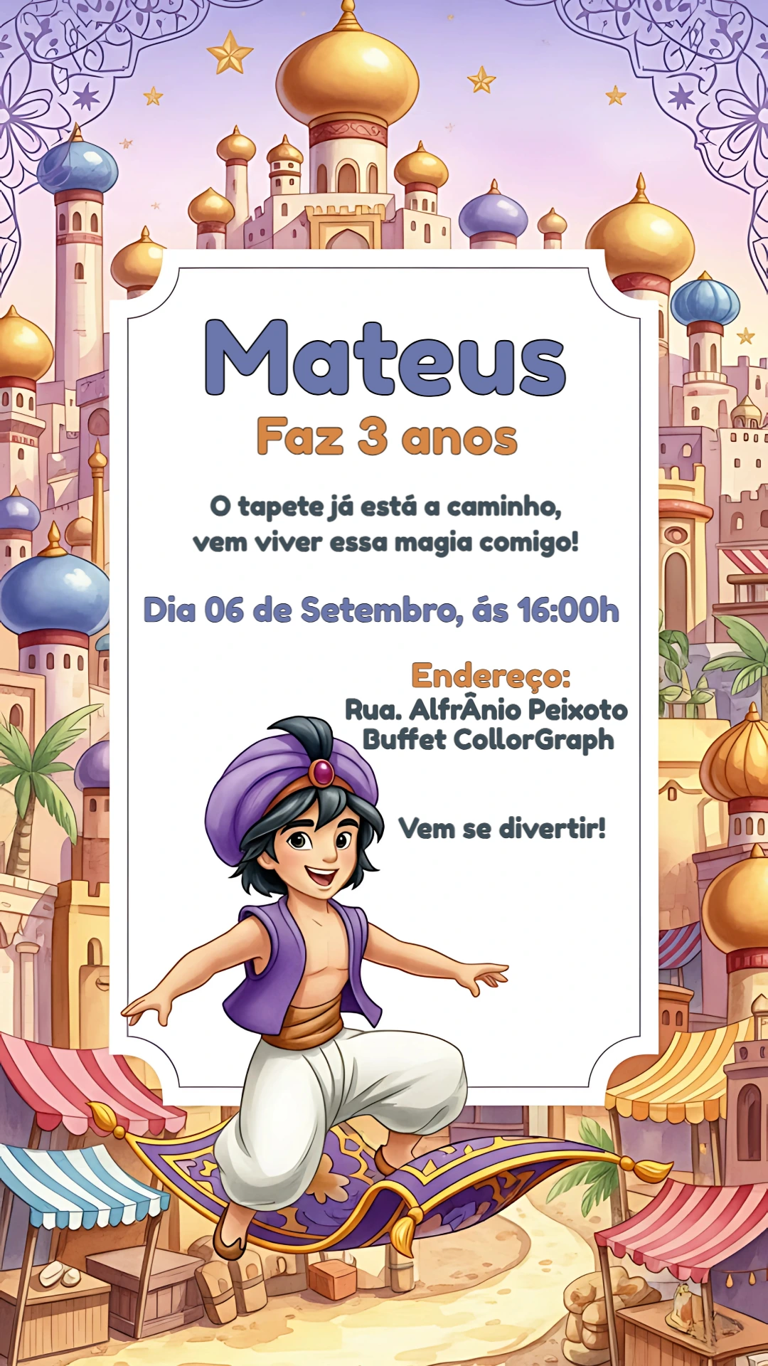 Convite de Aniversário Aladdin para Editar Online