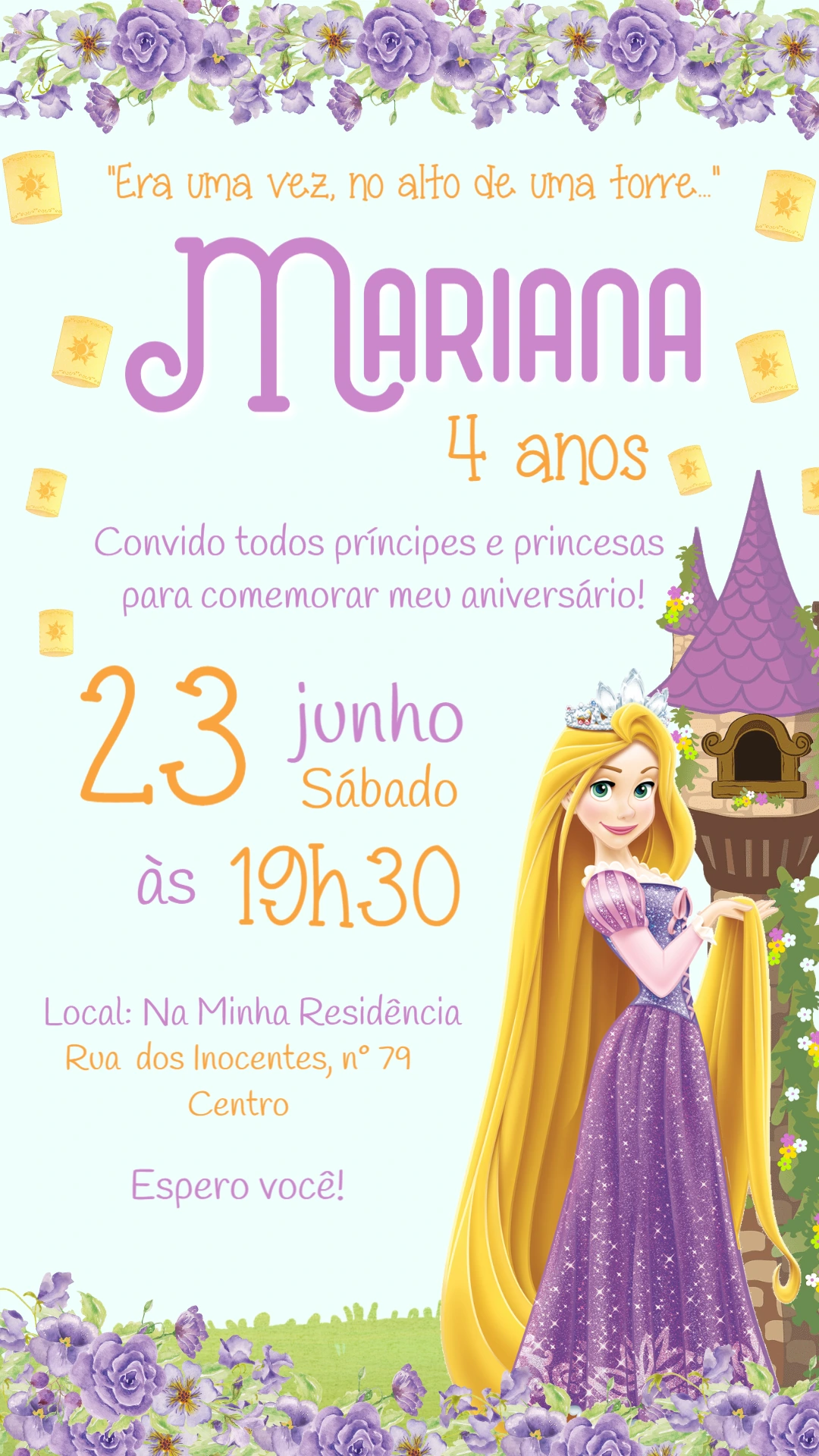 Convite de Aniversário Rapunzel Editável para Imprimir