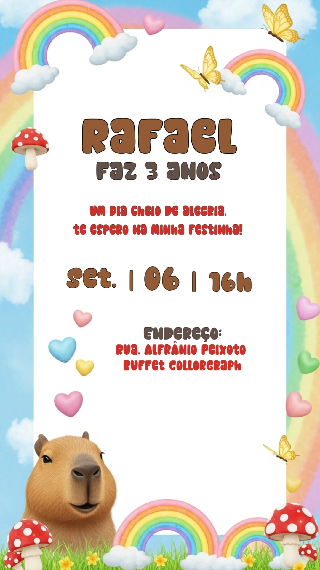 Convite Aniversário Capivara com Arco-íris para Editar Online