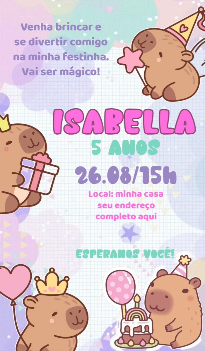 Convite de Aniversário Capivara Fofa para Editar Online