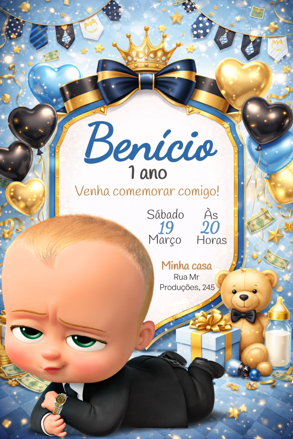 Convite de Aniversário Poderoso Chefinho Azul e Dourado Editável
