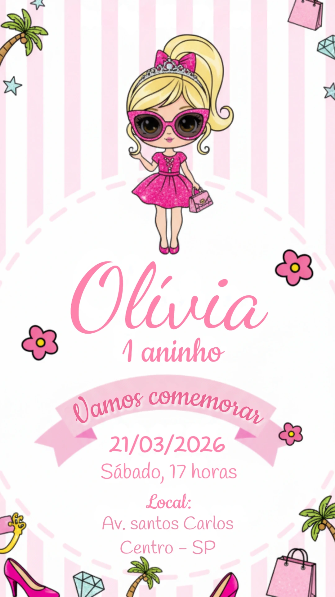 Convite de Aniversário Boneca Fashionista Rosa para Editar
