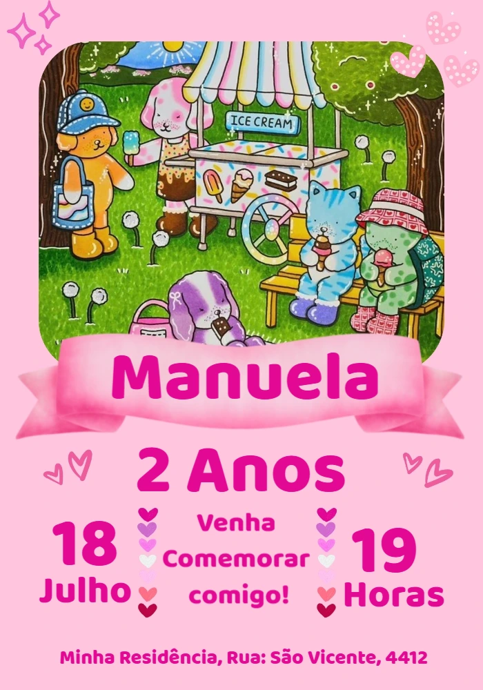 Convite de Aniversário Animais Fofos Estilo Desenho para Editar