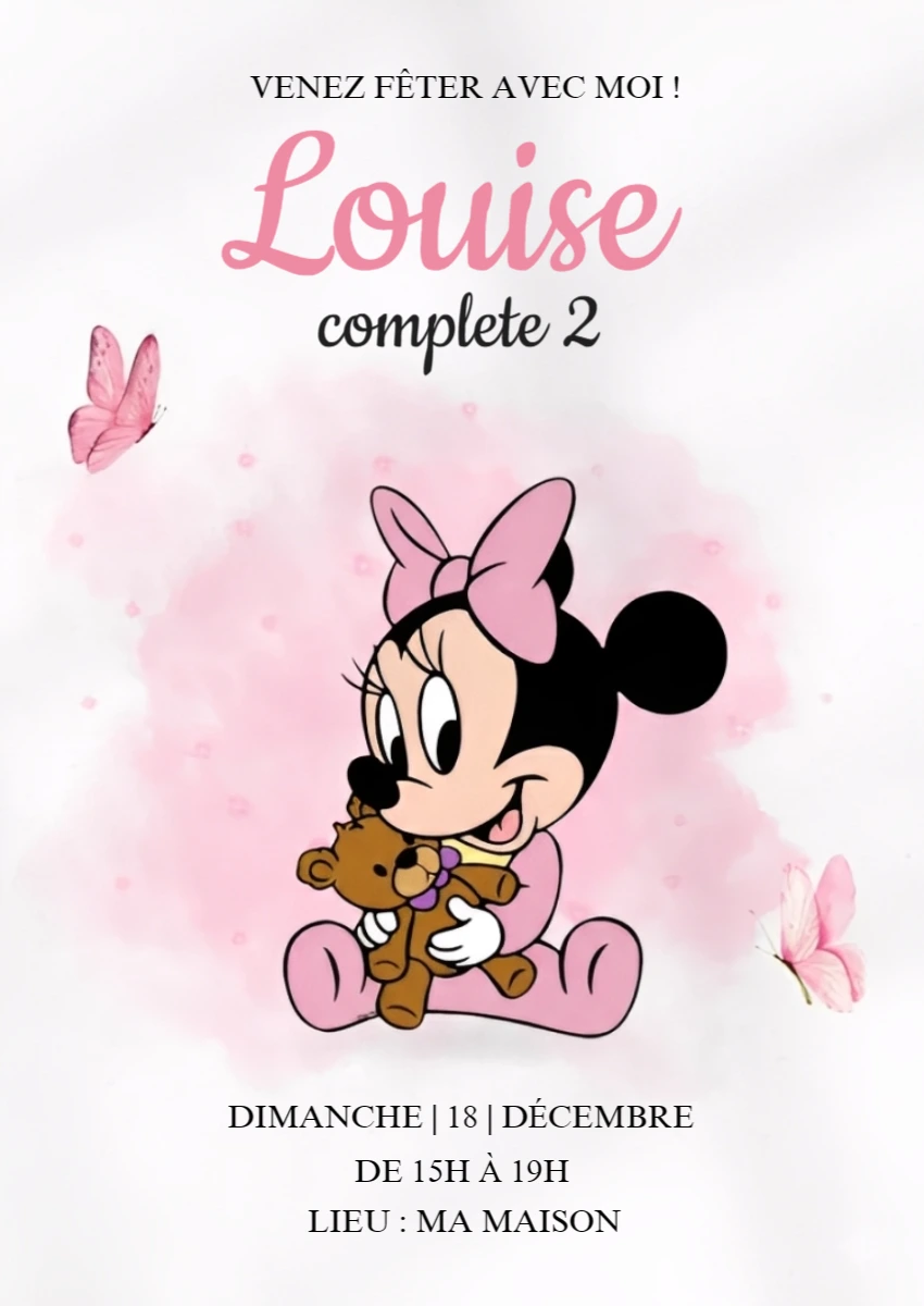 Invitation Anniversaire Bébé Minnie Mouse à Modifier en Ligne