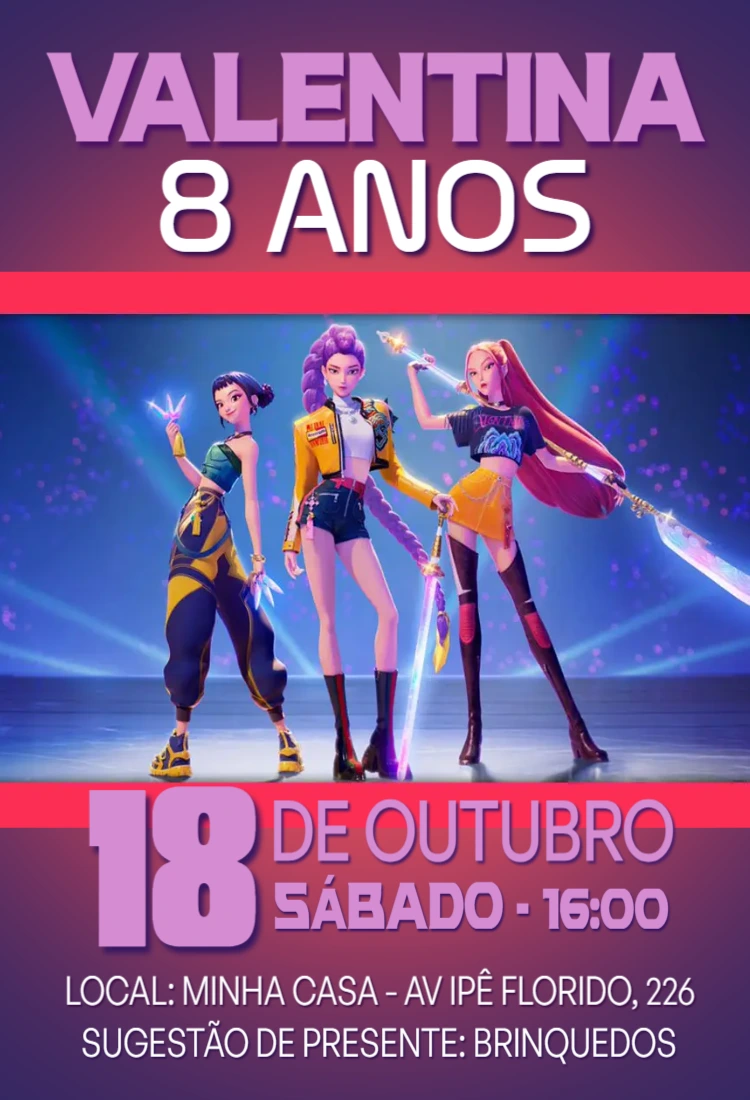 Convite Aniversário Guerreiras K-pop para Editar Online