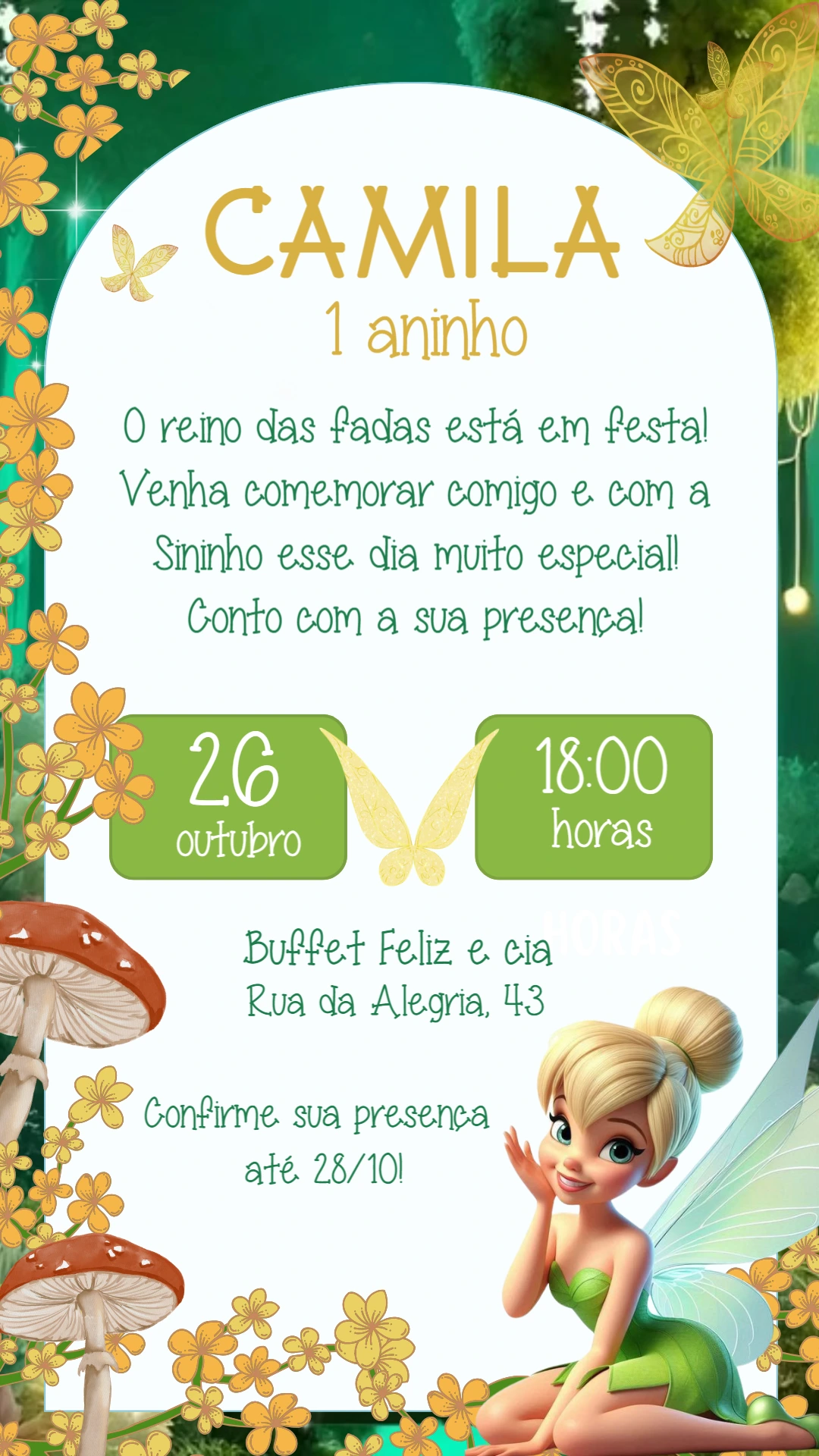 Convite de Aniversário Sininho Floresta Mágica para Editar