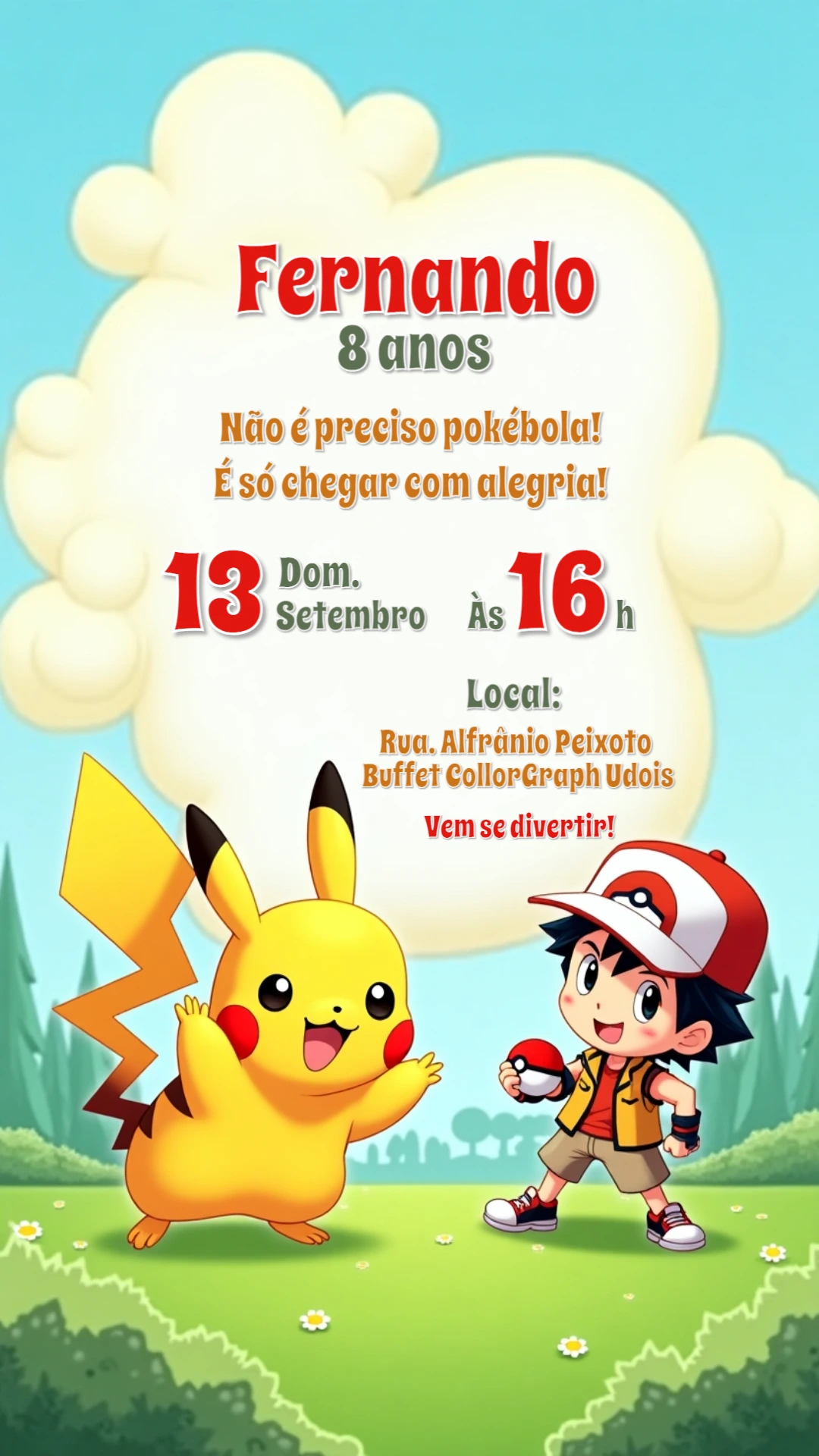 Convite de Aniversário Pokémon com Pikachu para Editar Online