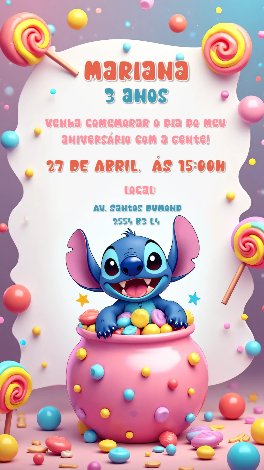 Convite de Aniversário Stitch Candy Color para Editar Online