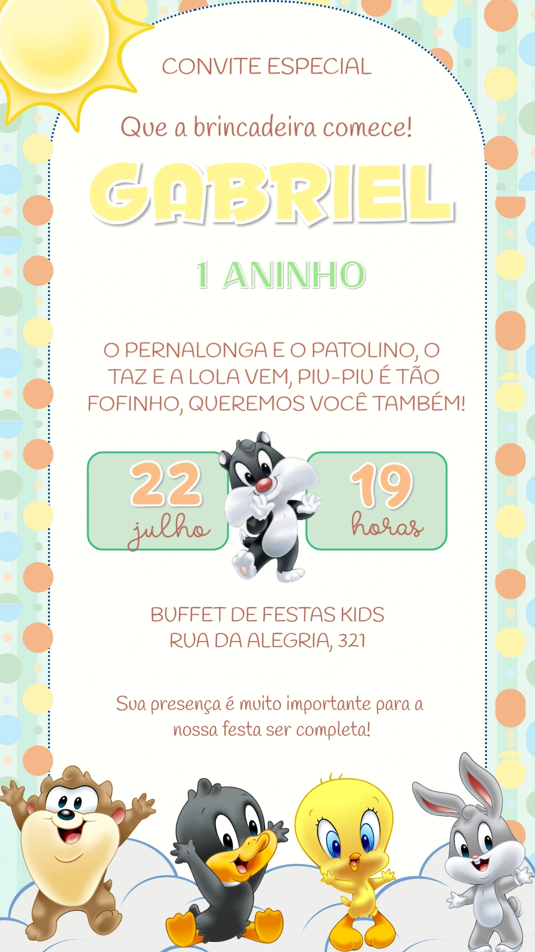 Convite Digital Infantil Baby Looney Tunes para Editar e Enviar