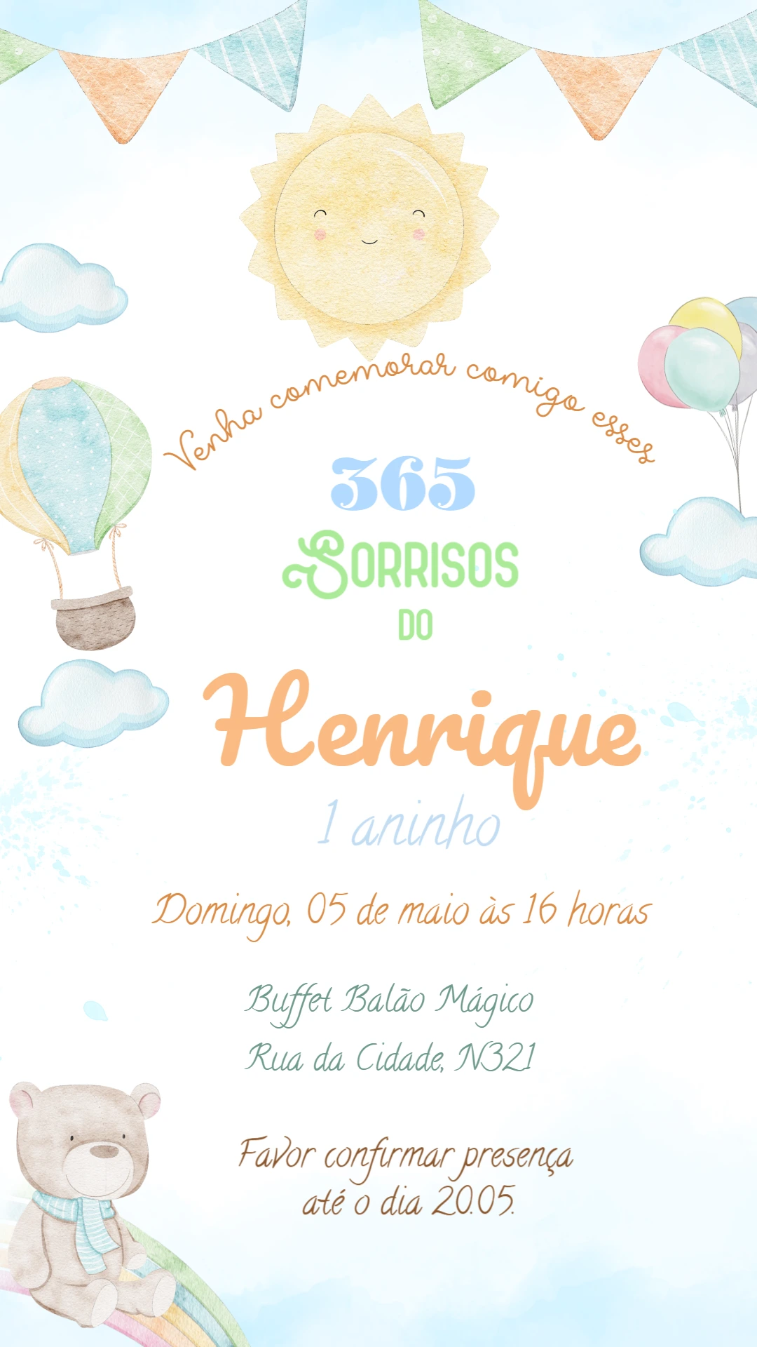 Convite Aniversário 365 Sorrisos com Sol e Balão para Editar