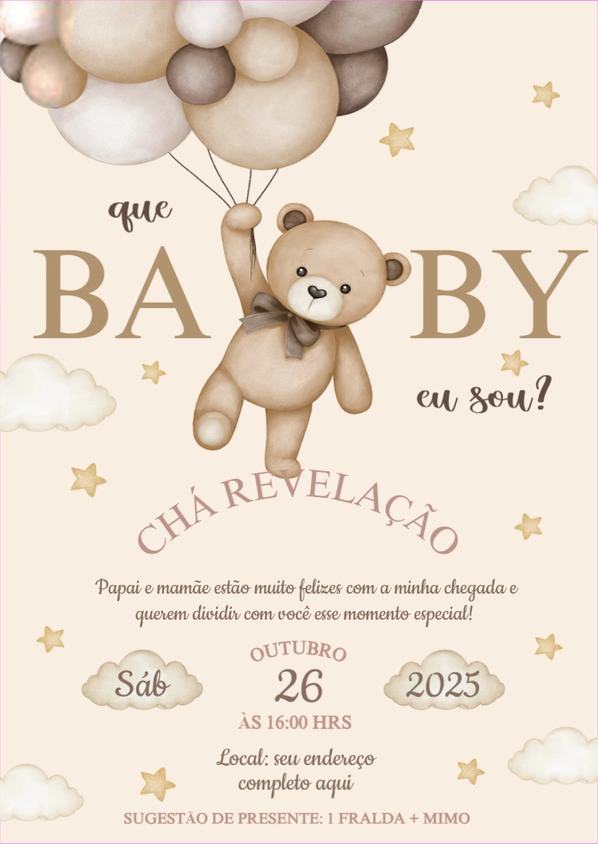 Convite Chá Revelação Ursinho com Balões para Editar Online
