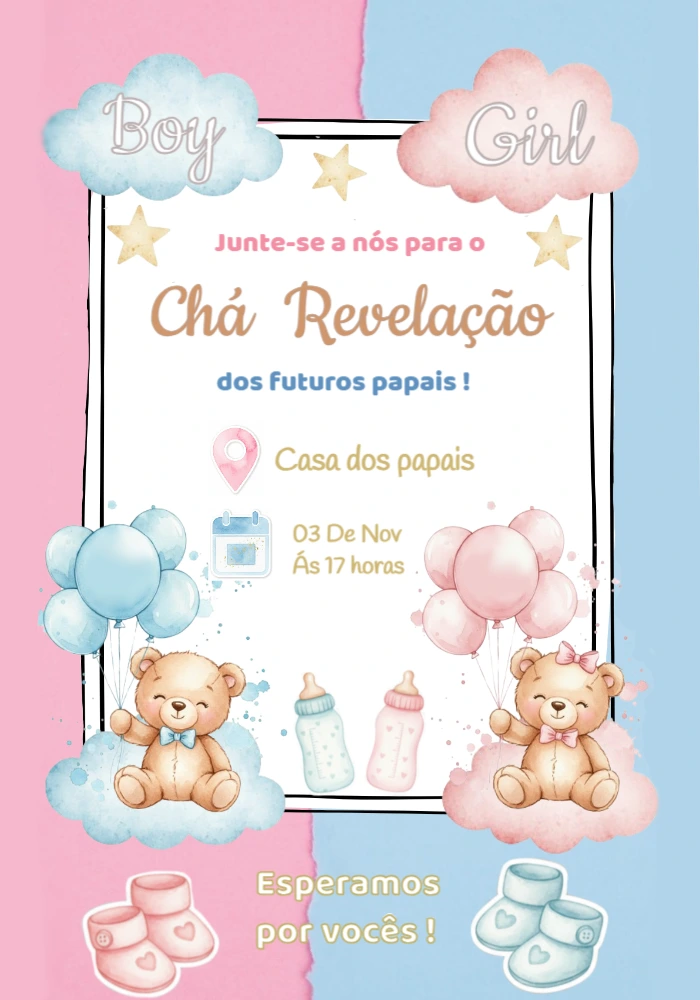 Convite Chá Revelação Ursinhos Aquarela para Editar Online