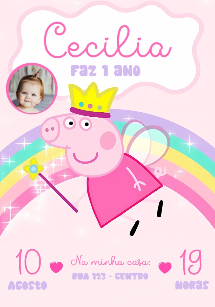 Convite Aniversário Peppa Pig Fada com Foto para Editar Online