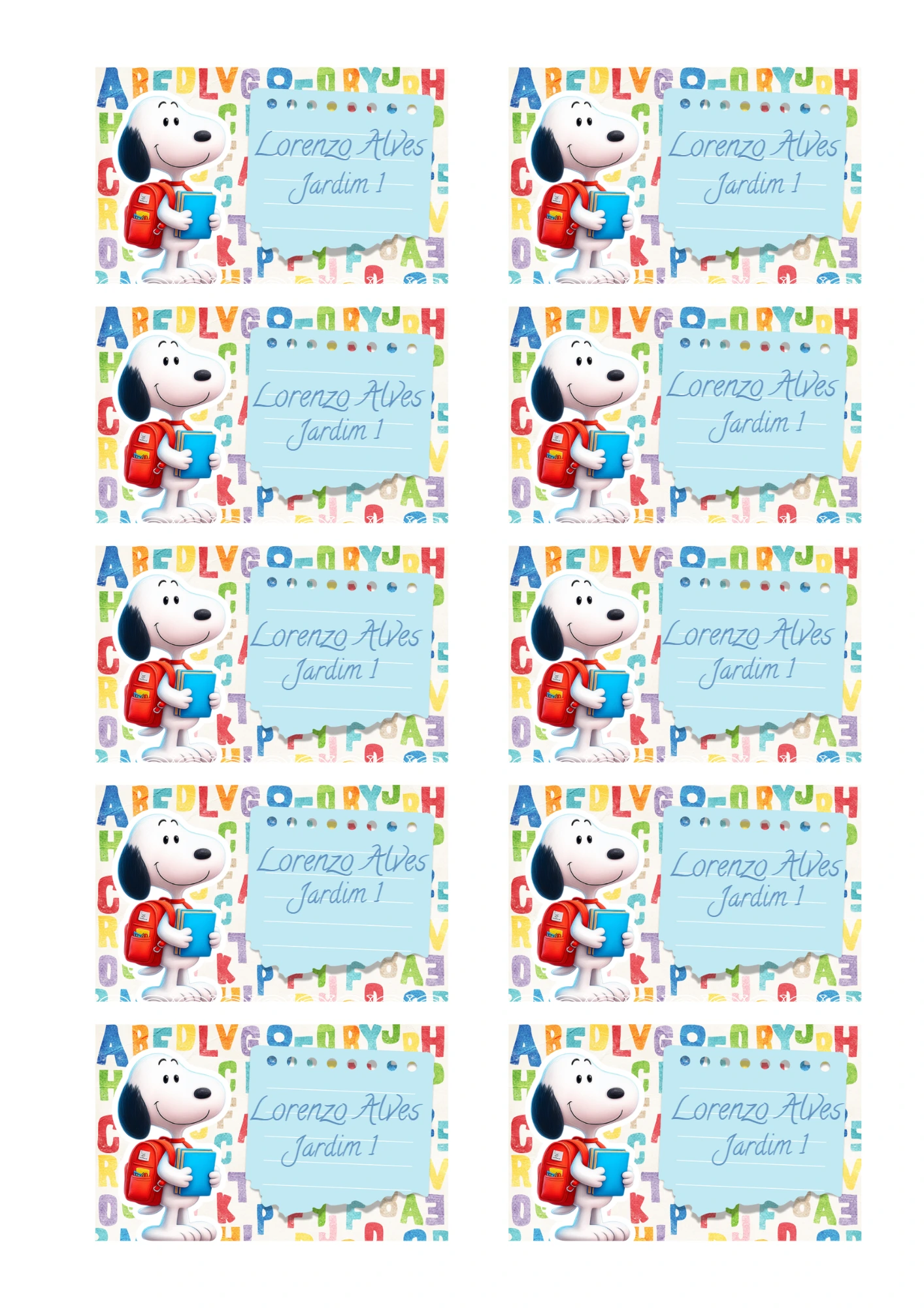 Etiqueta Escolar Snoopy Colorida para Editar e Imprimir