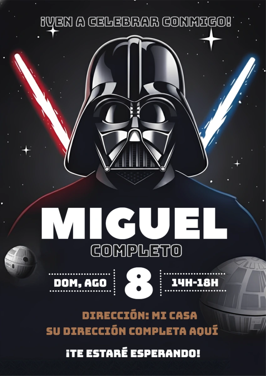 Invitación de Cumpleaños Star Wars con Darth Vader para Editar