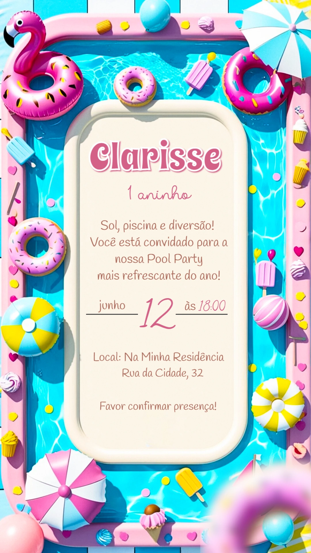 Convite Digital Festa na Piscina Infantil Colorido para Editar