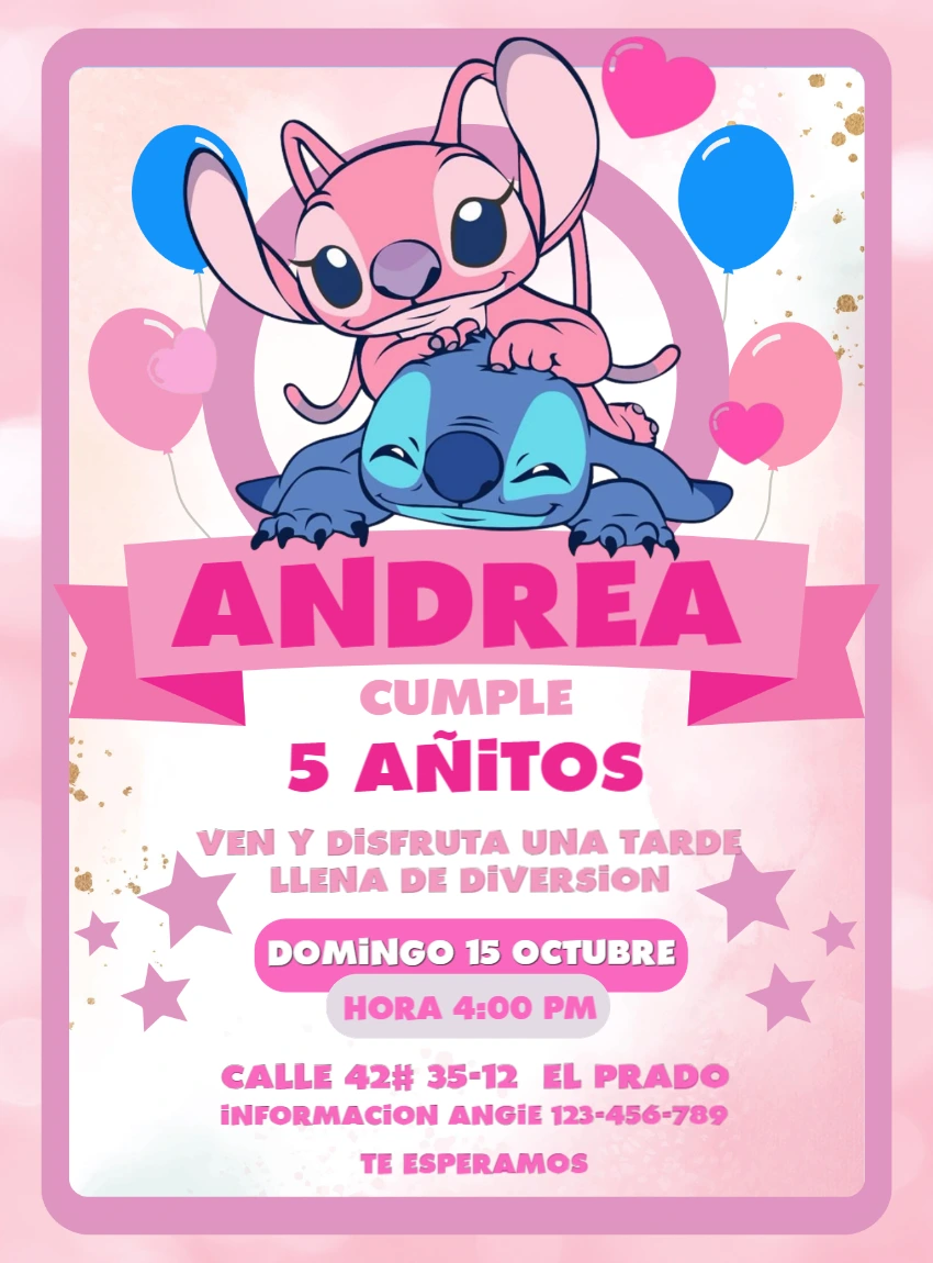 Invitación de Cumpleaños de Stitch y Angel Rosa para Editar