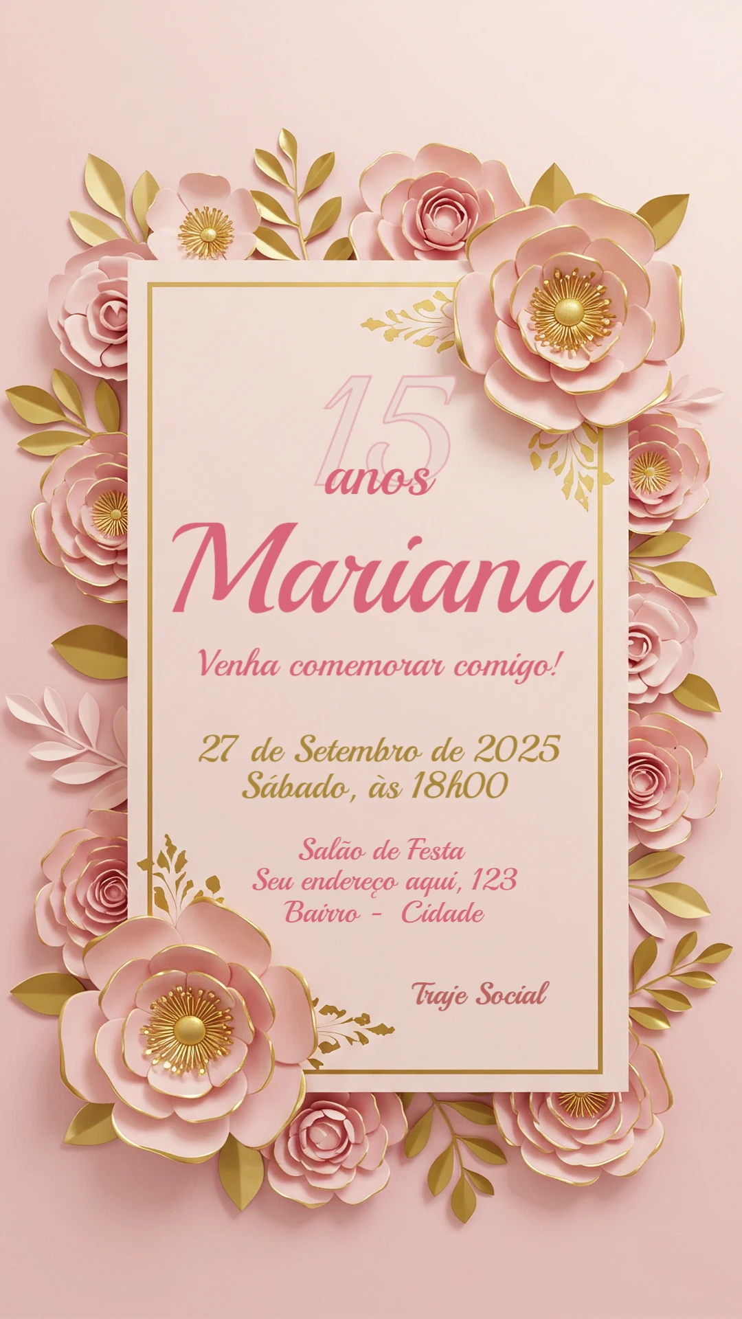 Convite de 15 Anos Elegante com Floral Dourado