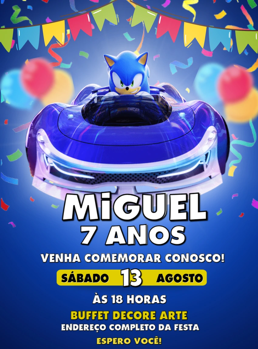 Convite de Aniversário Sonic Racing para Editar Online