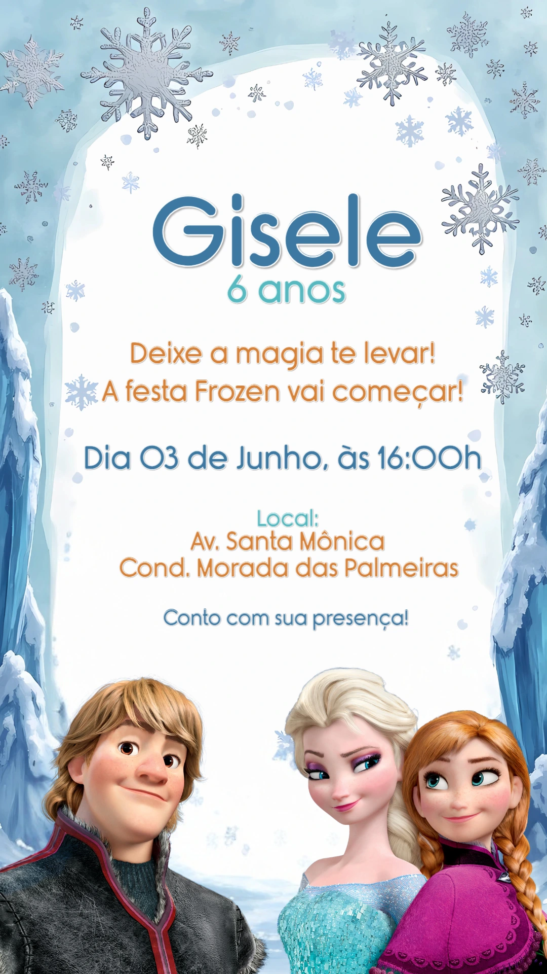 Convite Aniversário Frozen com Personagens para Editar Online