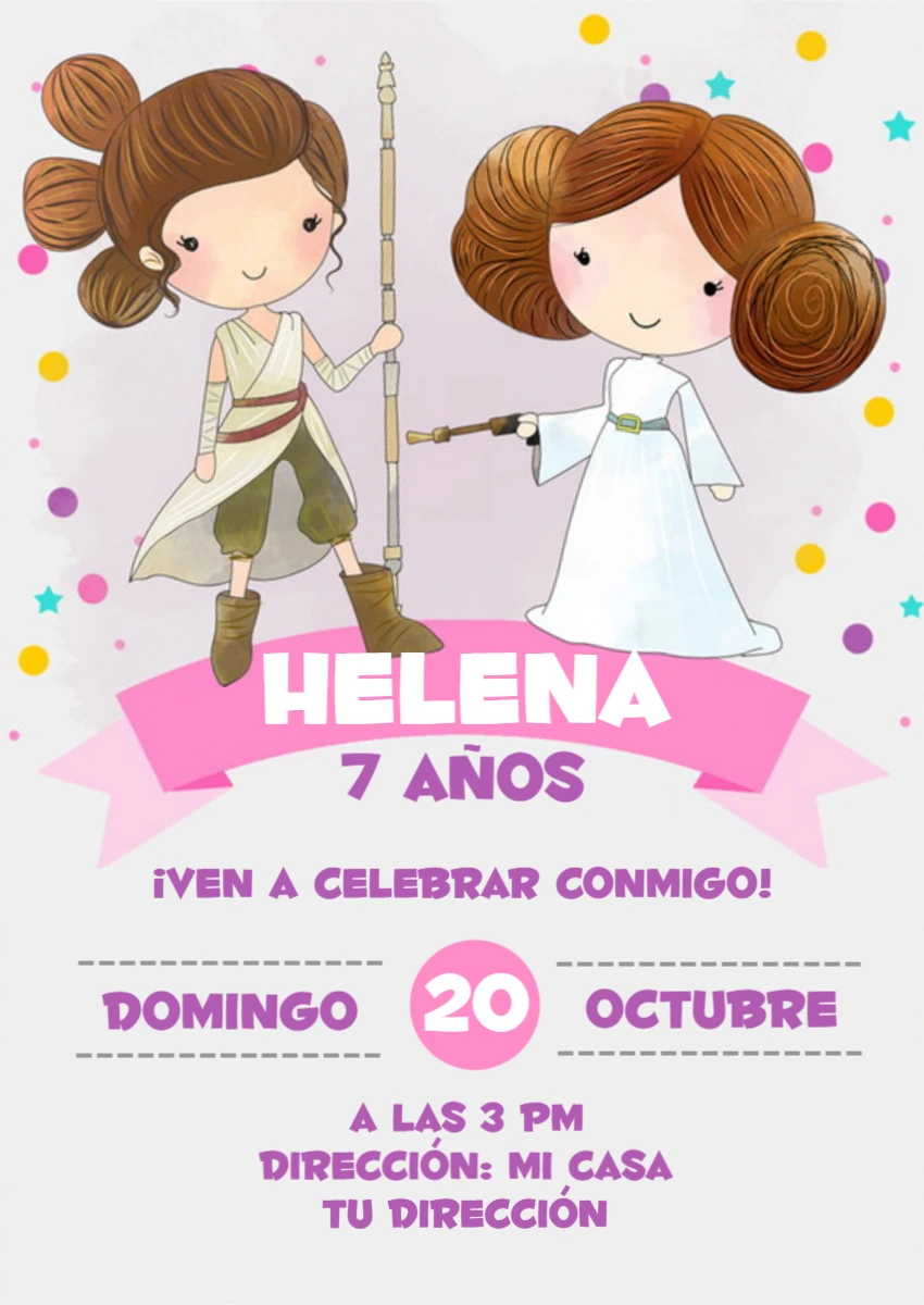 Invitación Digital Star Wars Niña Estilo Acuarela para Editar