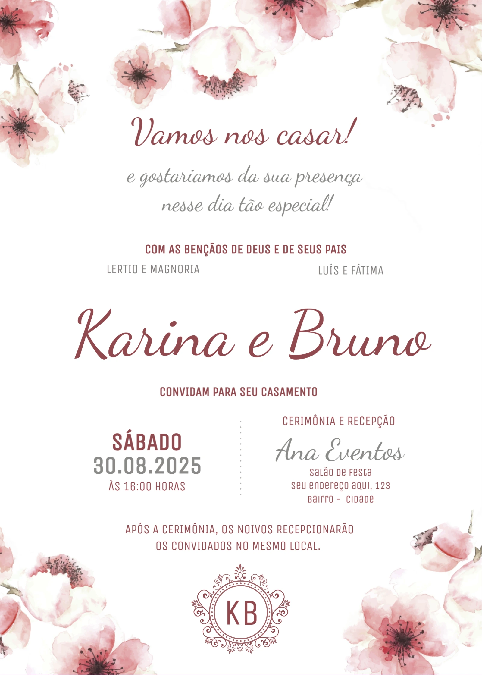 Convite de Casamento Floral Cerejeira para Editar Online