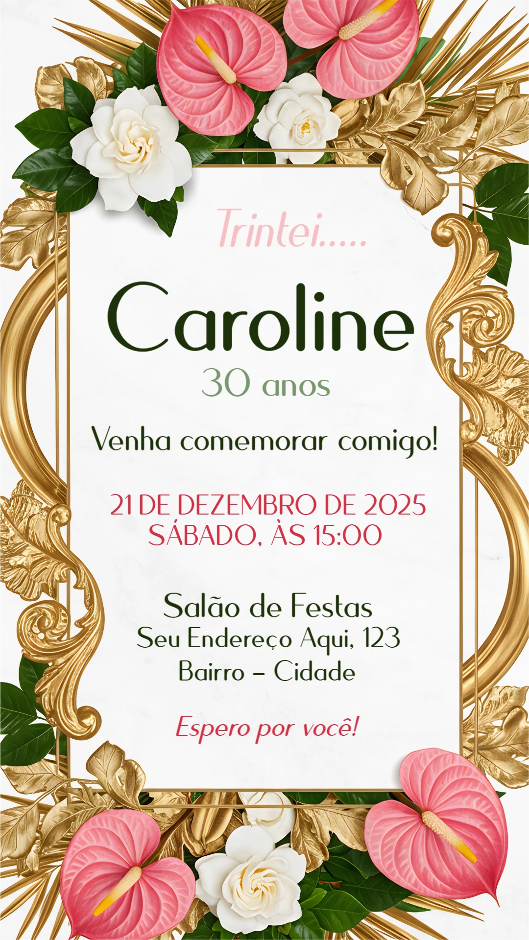 Convite Aniversário Tropical Dourado para Editar Online