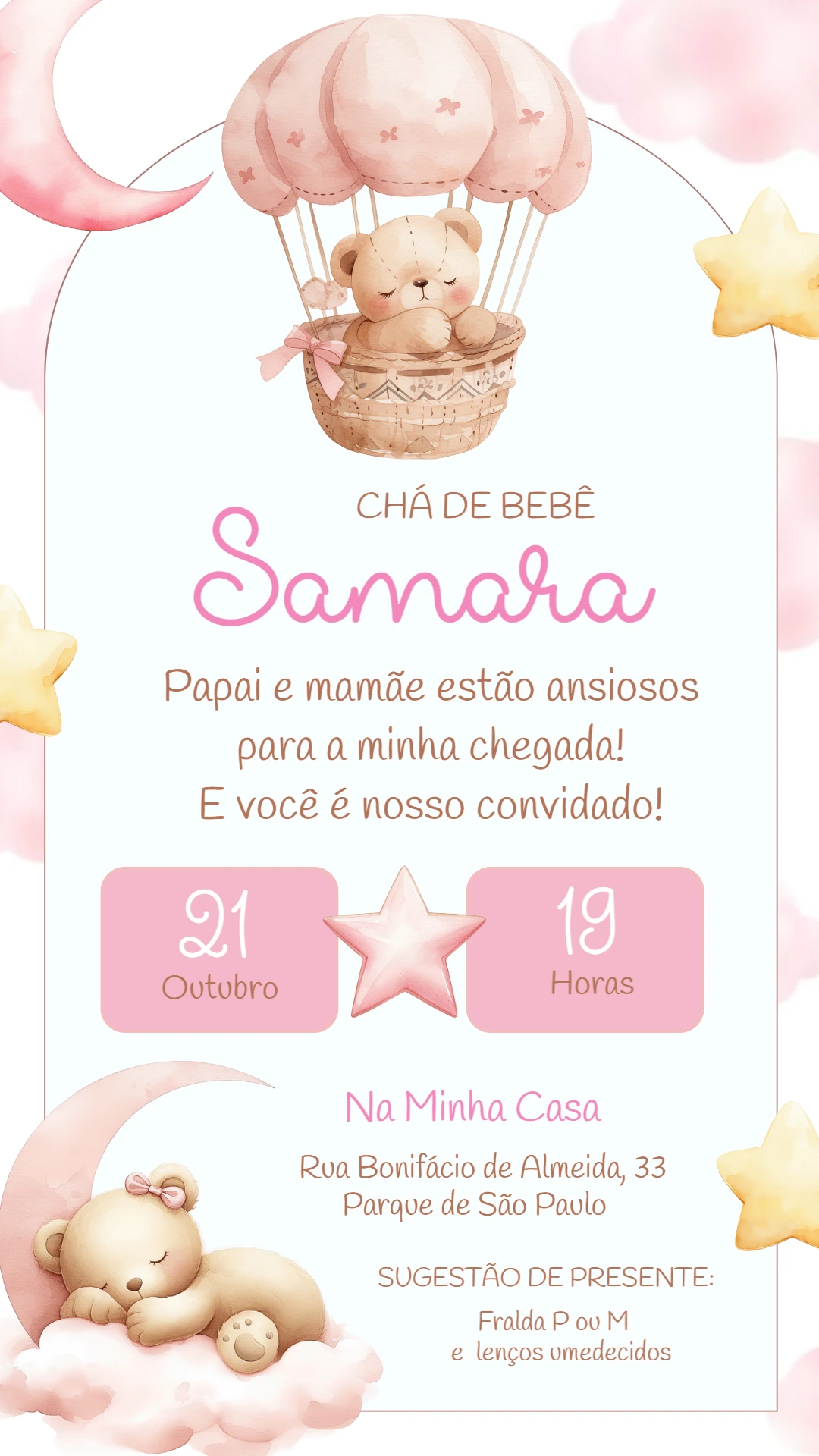 Convite Chá de Bebê Ursinha Baloeira para Editar Online