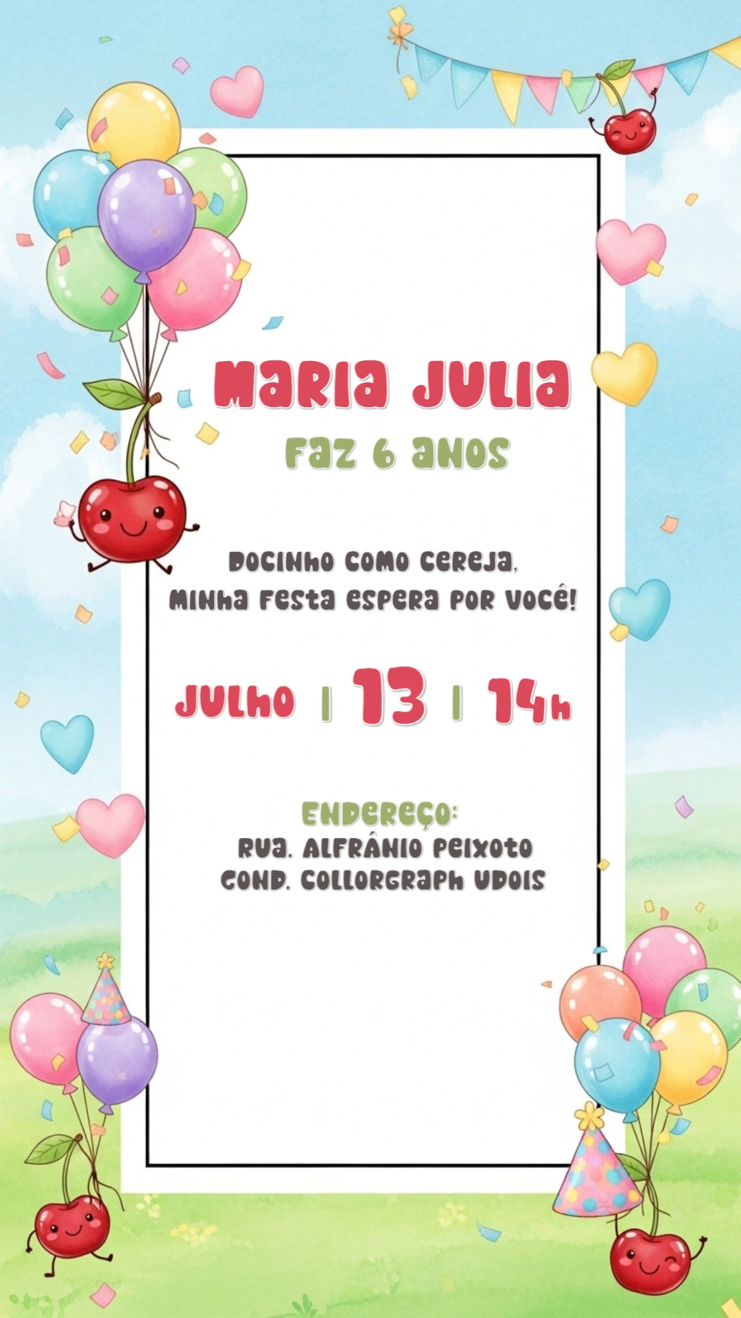 Convite de Aniversário Cerejinha Fofa para Editar Online