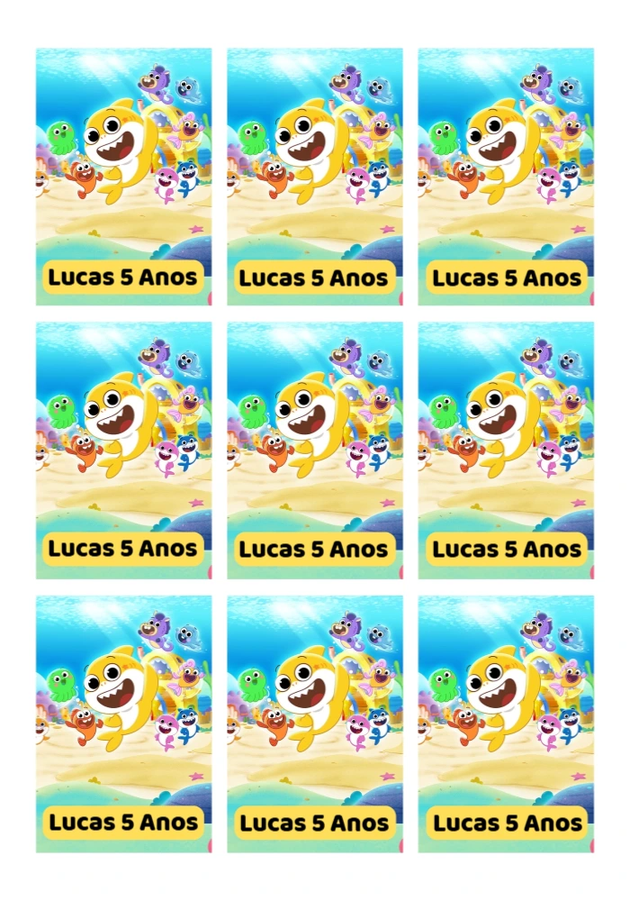 Tag Aniversário Baby Shark com Personagens para Editar