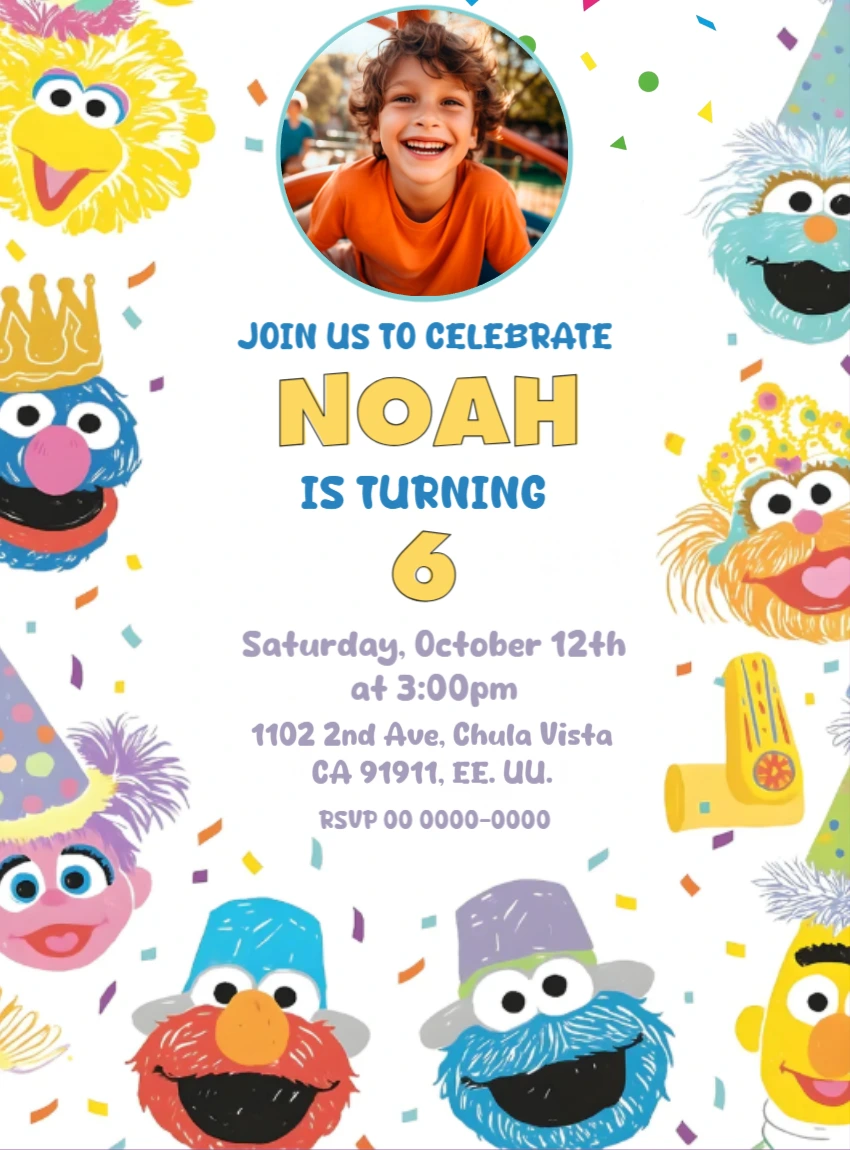Sesame Street Birthday Invitation with Photo - Editable Template