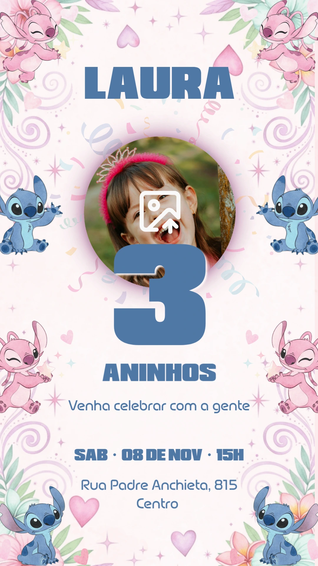 Convite Aniversário Stitch e Angel com Foto para Editar Online