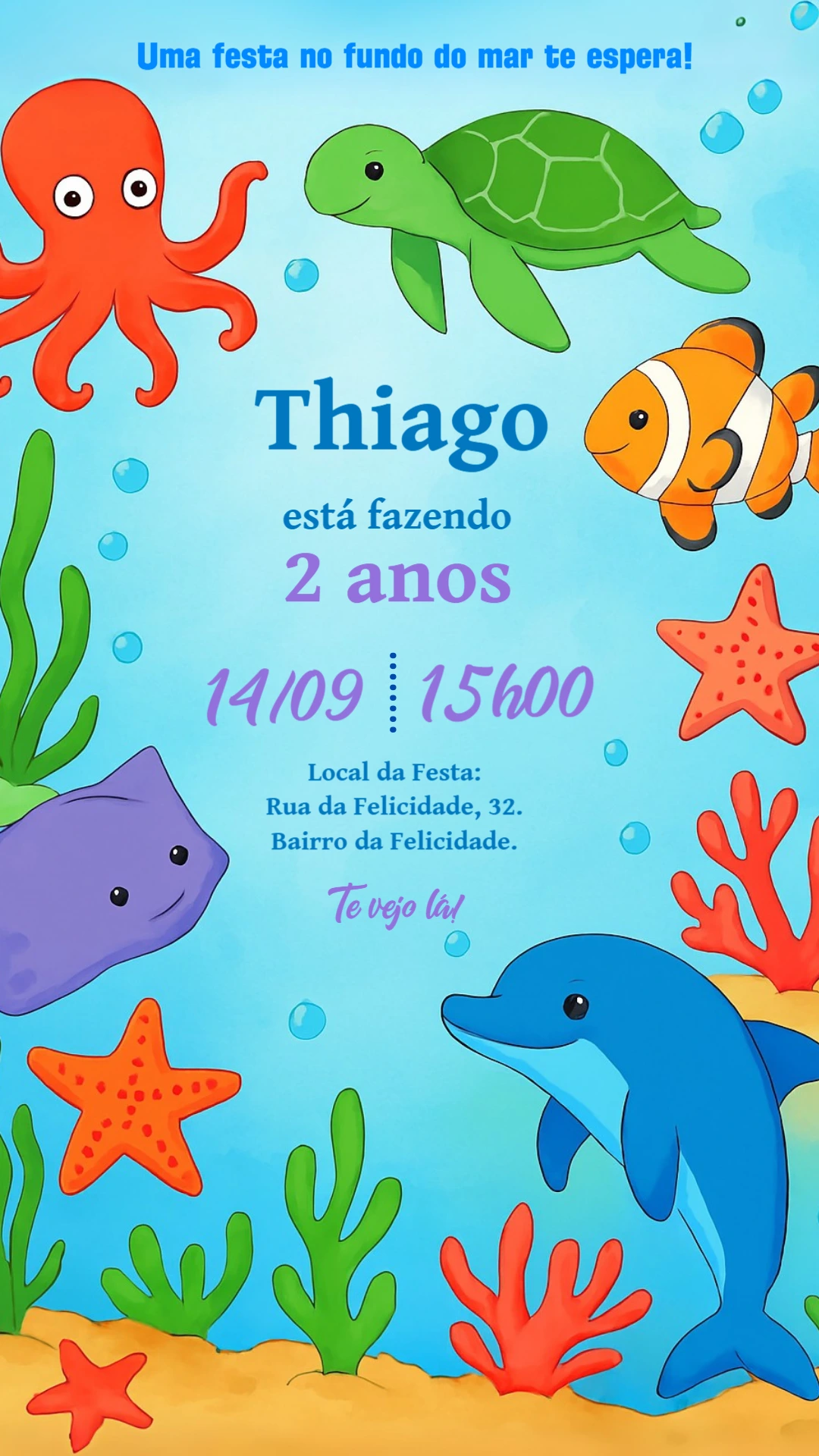 Convite Aniversário Fundo do Mar com Animais para Editar Online