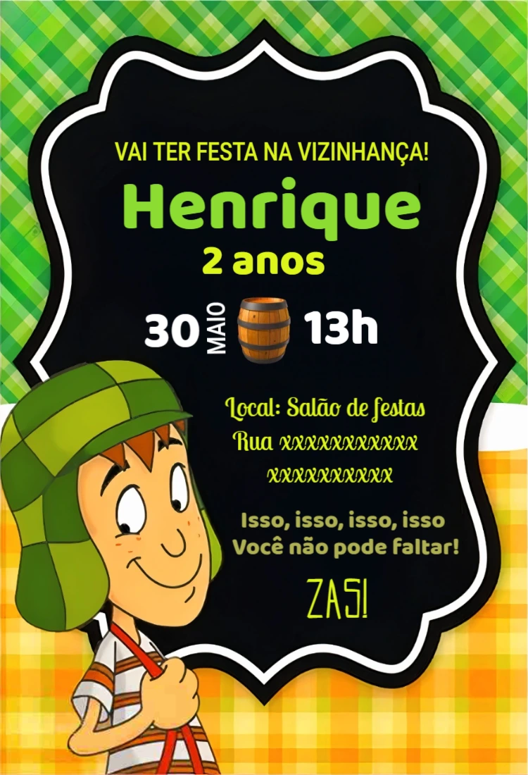 Convite de Aniversário Chaves com Personagem para Editar Online