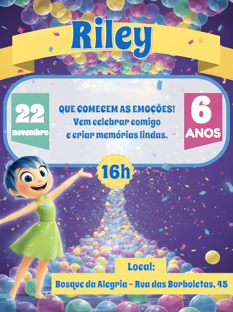 Convite Aniversário Divertidamente 2 com Personagens para Editar