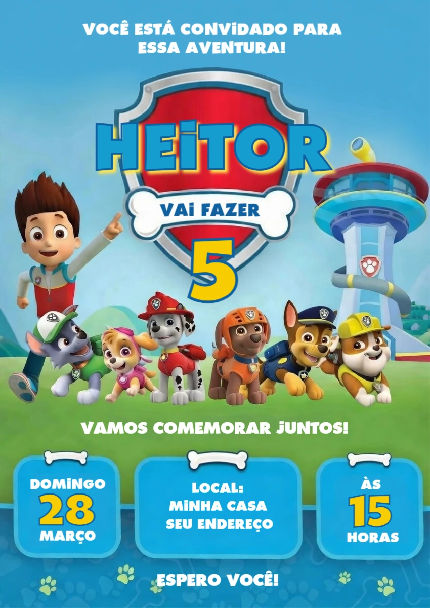 Convite Digital Patrulha Canina para Aniversário Infantil Editável